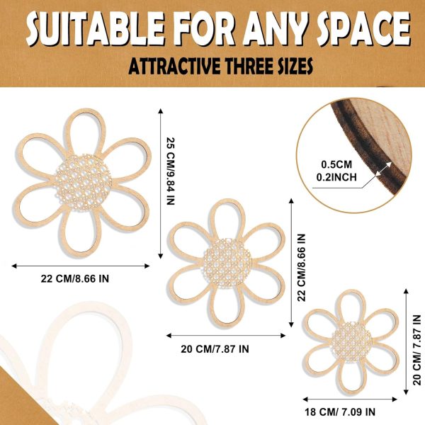 bulk purchase maitys 3 pieces boho daisy wall decor natural rattan flower wall hanging art wooden boho nursery flowers wall decor for home nursery(classic color) trade price