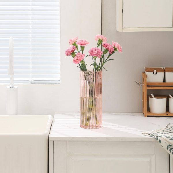 oem/odm services pink glass vase, glass flower vase, ribbed glass vase, pink vase, tall cylinder glass vase for centerpieces, living room, bedroom, dining table, office, wedding, bookshelf decoration,10 inches affordable bulk deals