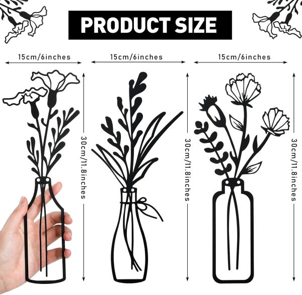 factory direct hotop 3 pieces metal flower wall decor metal vase wall art metal wall sculptures hanging flower in vase hanging iron wall decor for living room kitchen(black) volume discount