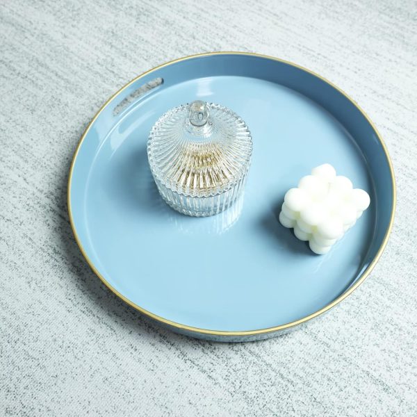 wholesale direct spsyrine round blue decorative tray, 13" plastic serving table tray with handles for breakfast, round modern ottoman tray for coffee table, bathroom, kitchen, living room bulk purchase at factory prices