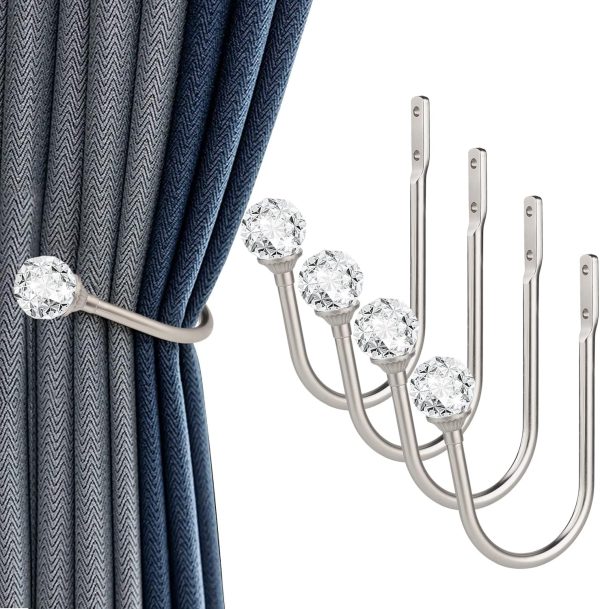 bulk purchase curtain holdbacks, 4 pcs curtain tiebacks hooks for drapes with clear crystal ball, wall mounted window curtain holder for home decor, silver factory discount