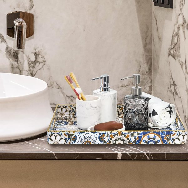 wholesale direct hiceeden set of 2 decorative serving trays with handles, boho tea trays ottoman trays for serving, modern plastic coffee table tray for living room, kitchen, bathroom, rectangle, blue bulk purchase at factory prices