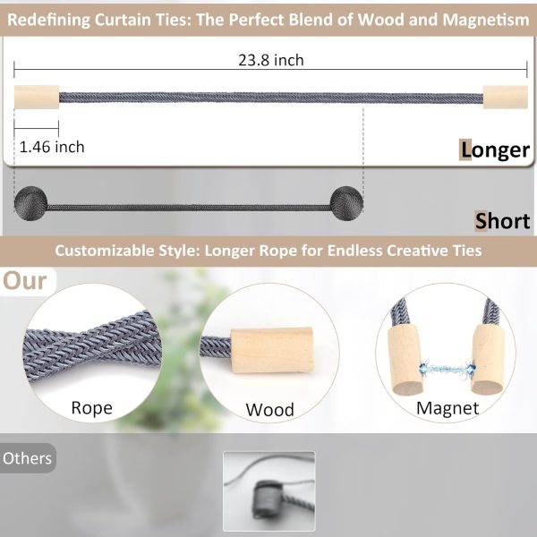 bulk purchase wooden magnetic curtain tiebacks 4 pcak, curtain tie backs for curtain holders for wall, curtain pull backs, curtain ties for drapes dark grey factory discount