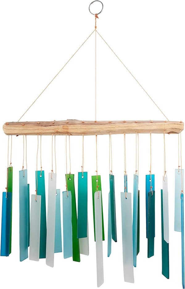 producer to buyer blue handworks seaglass & driftwood chime, sandblasted glass and found wood handcrafted wind chime discounted pricing