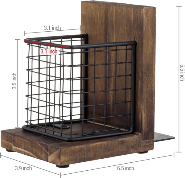 supplier direct mygift rustic burnt wood decorative bookends for heavy books with matte black metal wire basket pencil cup and office supplies storage baskets, 1-pair wholesale prices