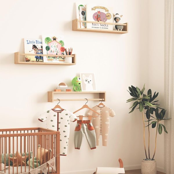 bulk purchase fixwal nursery shelves, 16.5 inch floating bookshelves for wall set of 3, baby nursery decor, solid wood wall mounted shelves for books (natural wood) trade price