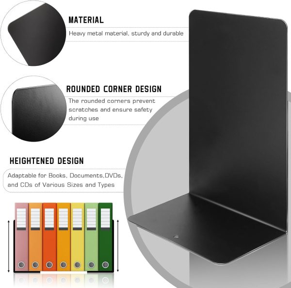 supplier direct vonderso metal bookends black, 2 pairs decorative metal book end supports for shelves gauge metal book divider stopper holders with non-slip anti-scratch rubber pads wholesale prices