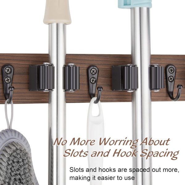bulk purchase mop and broom holder wall mount - rustic wood broom mop hanger - wall mounted garden tool rack organizer for closet garage laundry room kitchen decor with 4 slots & 4 hooks trade price