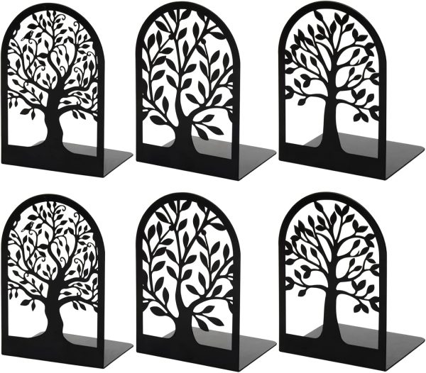 supplier direct happyhapi book ends, metal bookends for shelves decorative, tree stopper for heavy books, black ends to hold books for home office, 6.5 x 4.7 x 3.5 inch(3 pairs/6 pcs, large) wholesale prices