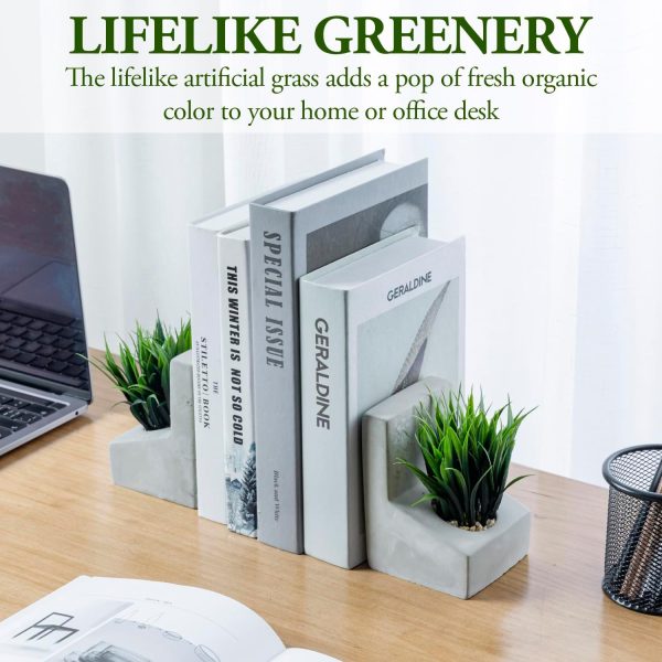 supplier direct mygift modern gray concrete l-shaped bookends for heavy books with artificial green grass plants, decorative heavy duty book stands for office desktop or bookshelf, 1 pair wholesale prices
