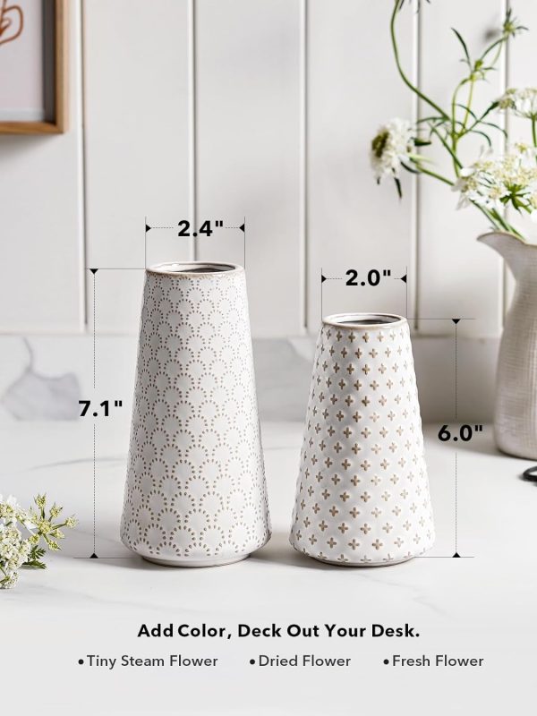 oem/odm services ceramic vase for decor, 6 inch+7.1 inch white flower vase for lego flowers, tulip and pampas grass, embossed farmhouse vases for centerpieces,home living room dining table office decor, arctic white affordable bulk deals