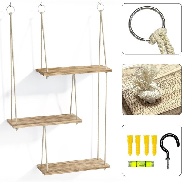 bulk purchase fixwal hanging shelves for wall, 3 tier boho wall decor plant rack floating shelves rope rustic wood organizer storage hanger for aesthetic home bedroom kitchen bathroom- rustic brown trade price
