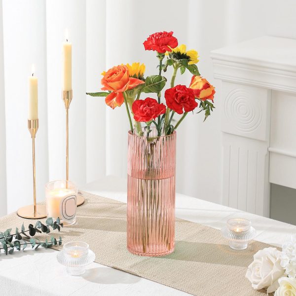 oem/odm services pink glass vase, glass flower vase, ribbed glass vase, pink vase, tall cylinder glass vase for centerpieces, living room, bedroom, dining table, office, wedding, bookshelf decoration,10 inches affordable bulk deals