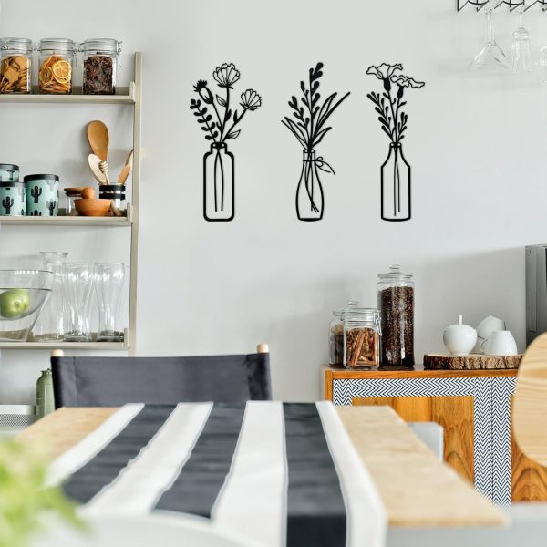 factory direct hotop 3 pieces metal flower wall decor metal vase wall art metal wall sculptures hanging flower in vase hanging iron wall decor for living room kitchen(black) volume discount