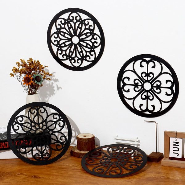 bulk purchase zzbakress 4 pcs wooden grainy rustic wall art farmhouse wall decor wooden exquisite hollow pattern wall decor elegant round wall art for living room dinner room kitchen bedroom hallway (black, rustic) trade price