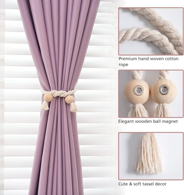 bulk purchase niceec 2 pack wooden ball magnetic curtain tiebacks boho home decor drape tie backs natural cotton hand woven rope curtain holdbacks for thin & thick home & office window draperies (beige) factory discount