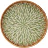 wholesale direct round rattan tray with mother of pearl inlay, rattan serving tray with wooden base, decorative wicker basket for table decor, storage and display of coffee bread food fruit (leaf) bulk purchase at factory prices