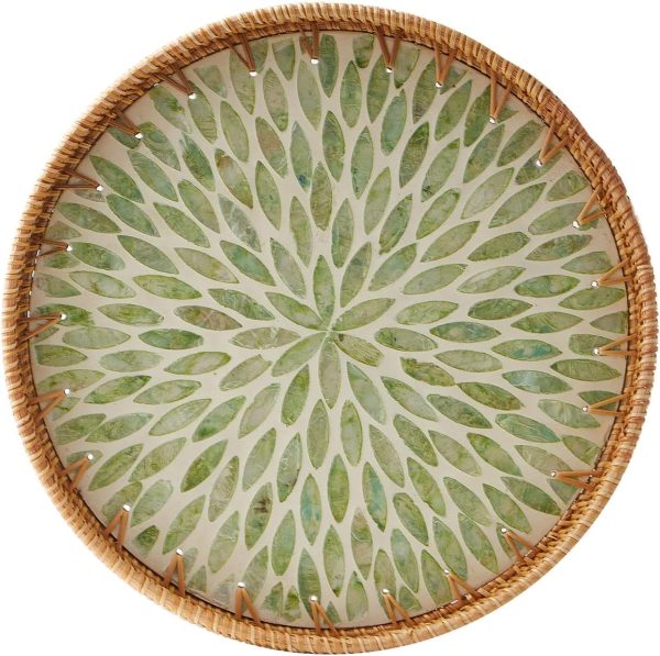 wholesale direct round rattan tray with mother of pearl inlay, rattan serving tray with wooden base, decorative wicker basket for table decor, storage and display of coffee bread food fruit (leaf) bulk purchase at factory prices