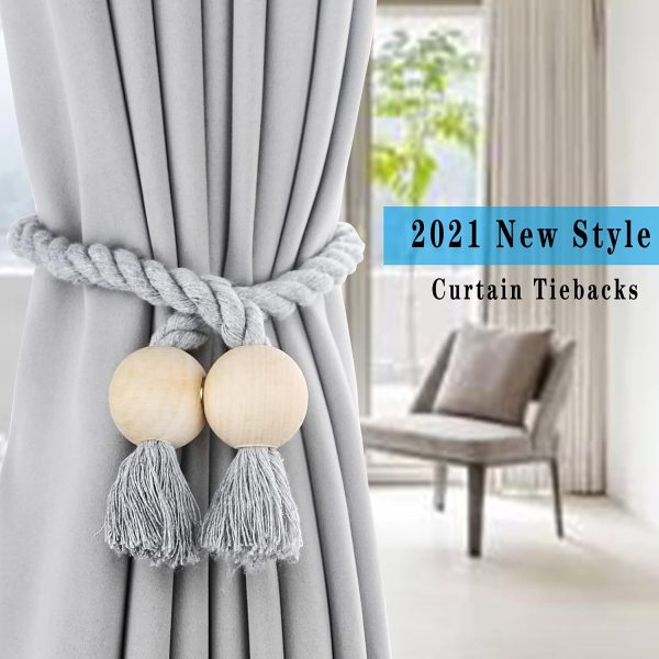 bulk purchase 4 pack grey magnetic curtain tiebacks cotton hand woven tieback holdback decorative tie backs for drapes with wooden buckle no tools required factory discount