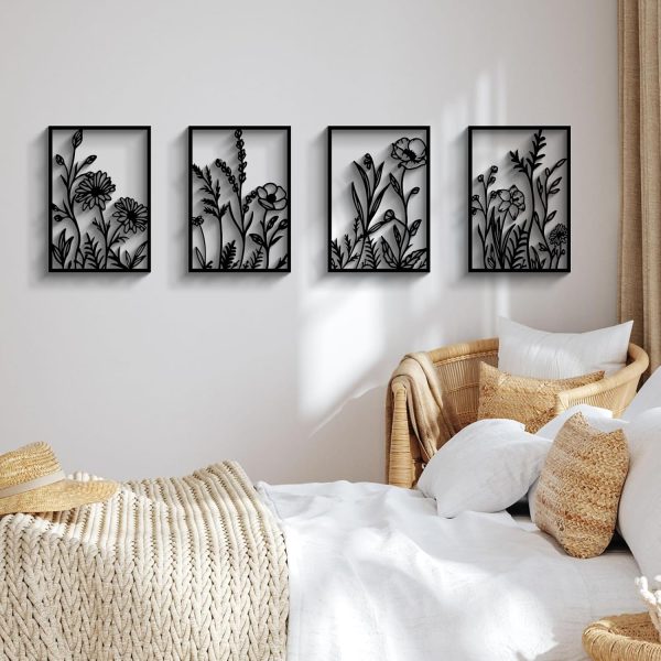 factory direct glamativity 4 pcs black abstract flowers metal wall art, 17 x 12'' minimalist floral single line wall décor, 3d textured sculptures, rustic nature wall art décor for living room, bedroom, study volume discount