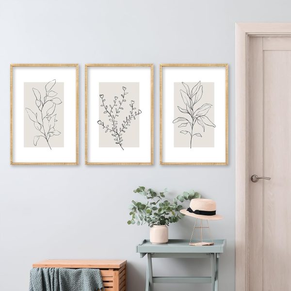 bulk purchase neutral botanical prints wall art decor set of 3 minimalist plant abstract line sign for office 16x11 inch living room home office wood framed boho family paintings wall hanging (wood) trade price