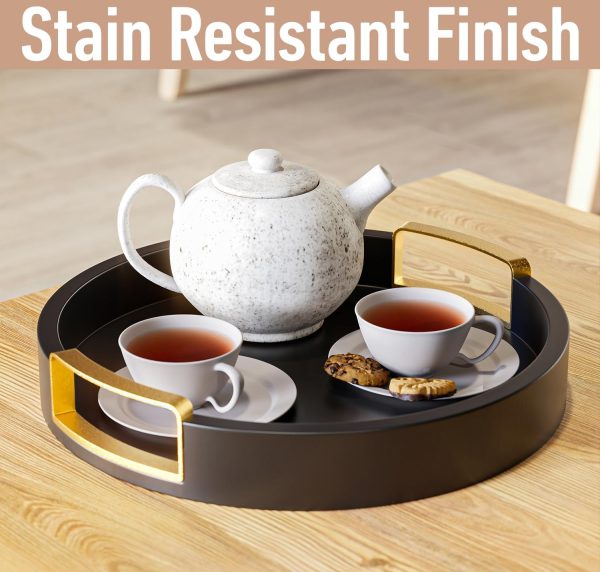 wholesale direct round decorative tray - 12" round black tray with gold handles - round coffee table tray - black round tray for kitchen counter - small round wood tray with handles - round serving tray with handles bulk purchase at factory prices