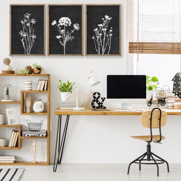 bulk purchase flower plant wall art decor 16"x11" set of 3 black and white botanical painting wood framed for minimalist bedroom office rustic living room abstract wildflower sign hanging (wood black) trade price