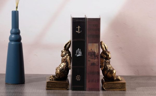 supplier direct book ends for shelves to hold books hevay duty,decorative bookends for bookshelf décor,cute animal rabbit book stopper easter bunny statues for home, office desk, living room decoration,1 pair (gold) wholesale prices