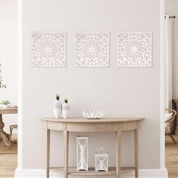 bulk purchase wall décor art, carved wooden wall panel hanging decor, decorative carved floral-patterned distressed white mdf wall panel for iving room bedroom, 12" x 12" trade price
