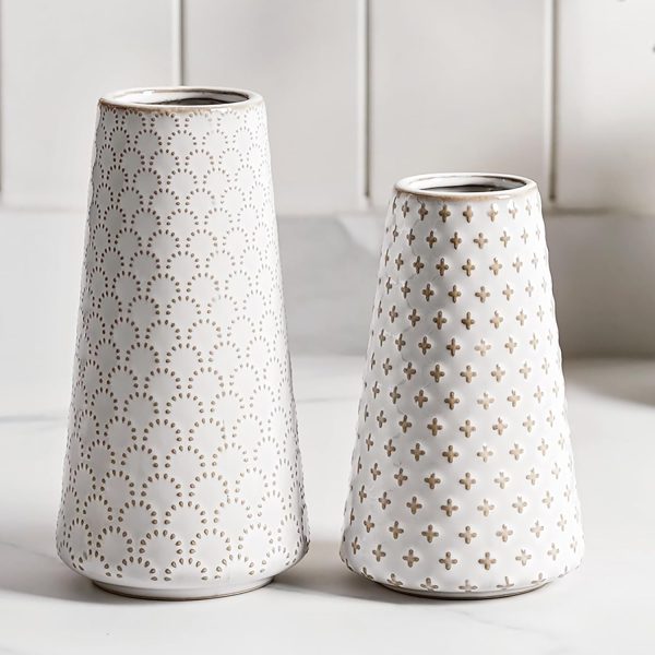 oem/odm services ceramic vase for decor, 6 inch+7.1 inch white flower vase for lego flowers, tulip and pampas grass, embossed farmhouse vases for centerpieces,home living room dining table office decor, arctic white affordable bulk deals