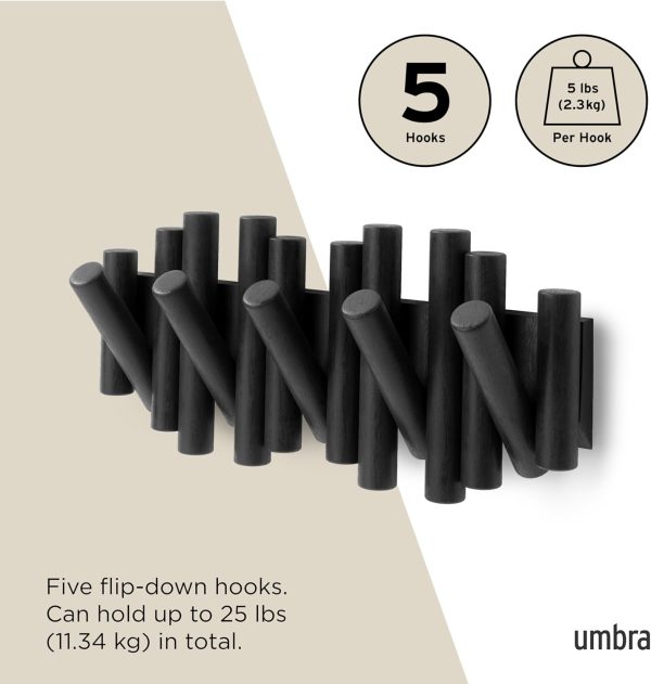 competitive pricing umbra picket wall-mounted coat rack rail hook with 5 retractable wood pegs – modern, space-saving storage organizer, black one-stop wholesale