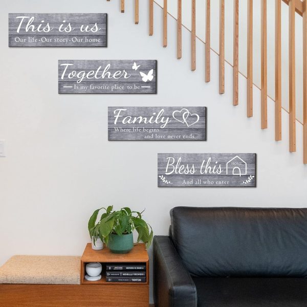 bulk purchase joyhawk 4 pieces wall decor signs, this is us, together, bless this home, family rustic wooden farmhouse wall art décor for living room bedroom kitchen, , 4.7 x 13.8 inch(grey) trade price