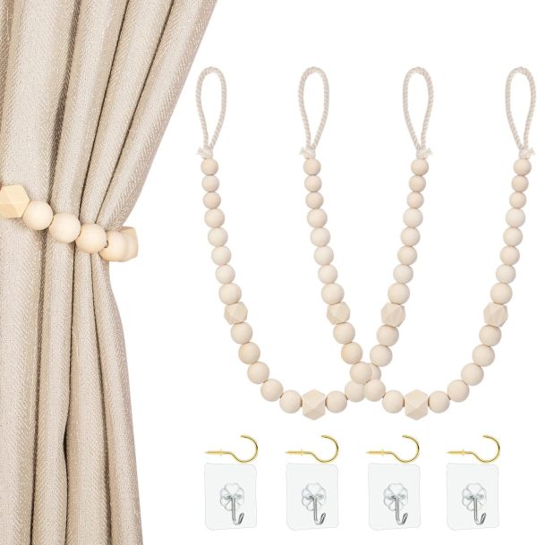 bulk purchase wood bead curtain tiebacks, klogtsind set of 2 curtain holdbacks for thin or thick window draperies, boho farmhouse curtain tiebacks with hooks, curtain tie backs for home office room decor factory discount