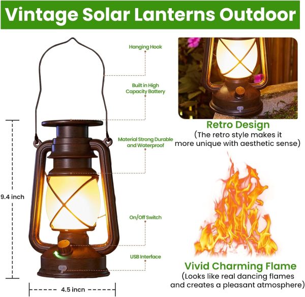 custom wholesale kooper solar lantern outdoor lights, vintage flickering flame solar lanterns lights outdoor waterproof, hanging outdoor solar lanterns lights, rechargeable lantern for camping christmas decor 2 pack oem/odm services