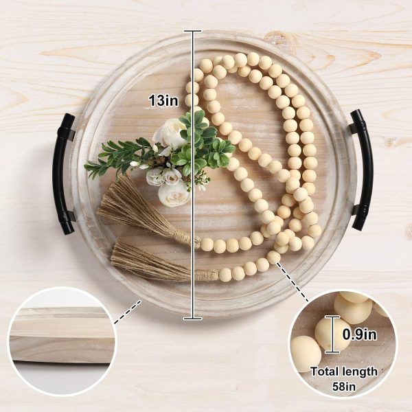 wholesale direct round wood tray/w wood bead garland - 13" decorative trays for home decor - round wooden tray with handles - wooden round tray for kitchen counter. bulk purchase at factory prices