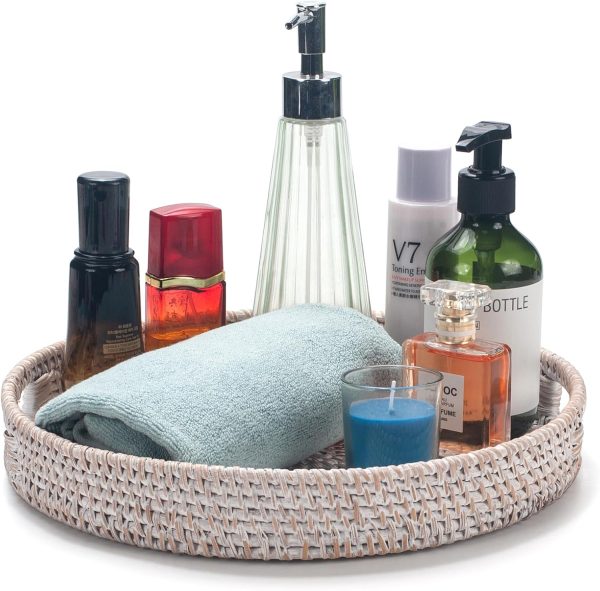 wholesale direct 11.8 inch round rattan tray, decorative coffee table tray, ottoman tray, woven serving tray with handles, wicker serving basket, whitewash bulk purchase at factory prices