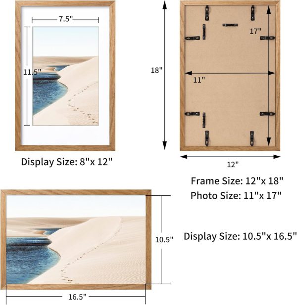 bulk purchase axeman 11x17 picture frame with mat for 8x12, solid oak wood poster frame with tempered glass, natural wooden 11''x17'' photo frame for wall home decor art photo and prints with wall hooks, natural trade price