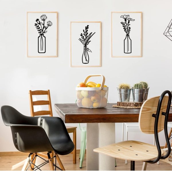factory direct hotop 3 pieces metal flower wall decor metal vase wall art metal wall sculptures hanging flower in vase hanging iron wall decor for living room kitchen(black) volume discount