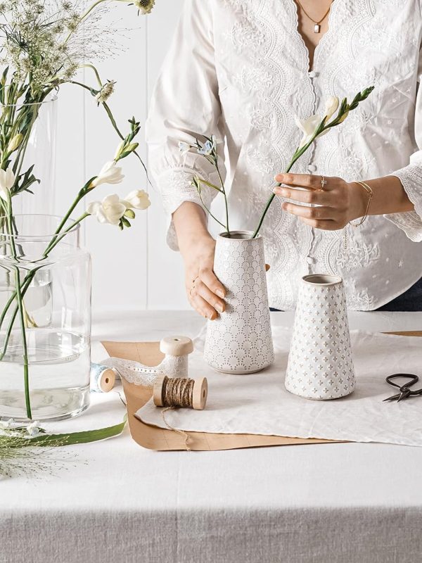 oem/odm services ceramic vase for decor, 6 inch+7.1 inch white flower vase for lego flowers, tulip and pampas grass, embossed farmhouse vases for centerpieces,home living room dining table office decor, arctic white affordable bulk deals
