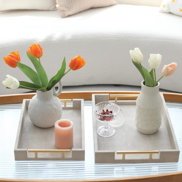 wholesale direct set of 2 shagreen serving tray with gold polished metal handles ivory wood decorative tray pu leather with brushed gold for coffee table ottoman console table bulk purchase at factory prices