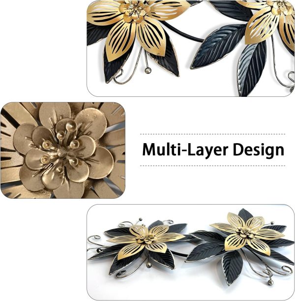 factory direct liffy black gold metal flowers wall decor,15" 3d multi-layer modern floral art, rustic distressed hanging decor for indoor, bedroom living room garden patio, home decoration accent volume discount