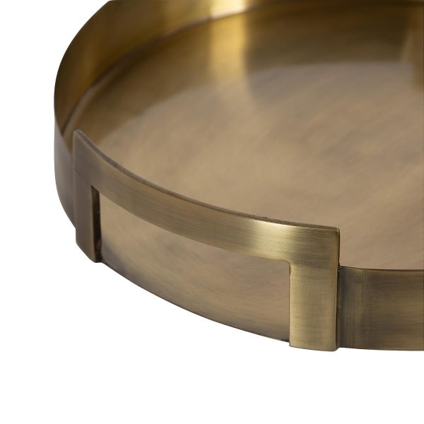wholesale direct kate and laurel myo transitional metal round tray, 15 x 15, brass, modern glam circular decorative serving tray with handles for storage, display, and decor bulk purchase at factory prices
