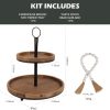 wholesale direct genmous & co. farmhouse tiered tray decor with distressed wood bead garland, decorative 2 tiered serving tray with metal handle for rustic home décor bulk purchase at factory prices
