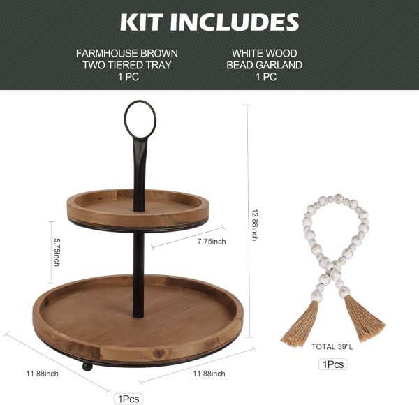 wholesale direct genmous & co. farmhouse tiered tray decor with distressed wood bead garland, decorative 2 tiered serving tray with metal handle for rustic home décor bulk purchase at factory prices