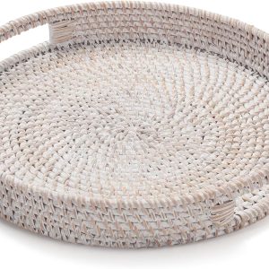 wholesale direct 11.8 inch round rattan tray, decorative coffee table tray, ottoman tray, woven serving tray with handles, wicker serving basket, whitewash bulk purchase at factory prices