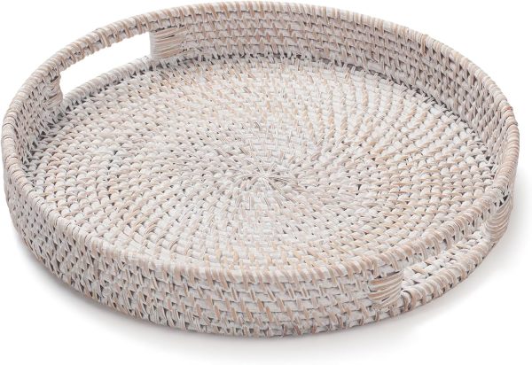 wholesale direct 11.8 inch round rattan tray, decorative coffee table tray, ottoman tray, woven serving tray with handles, wicker serving basket, whitewash bulk purchase at factory prices