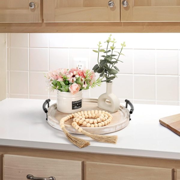 wholesale direct round wood tray/w wood bead garland - 13" decorative trays for home decor - round wooden tray with handles - wooden round tray for kitchen counter. bulk purchase at factory prices