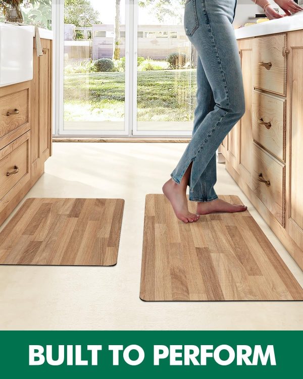 manufacturer direct lumi 2pcs ultra-thin wood grain kitchen mat set, low profile, non slip, quick dry, washable kitchen rugs, teak, 17"x31.5" + 17"x60" trade price