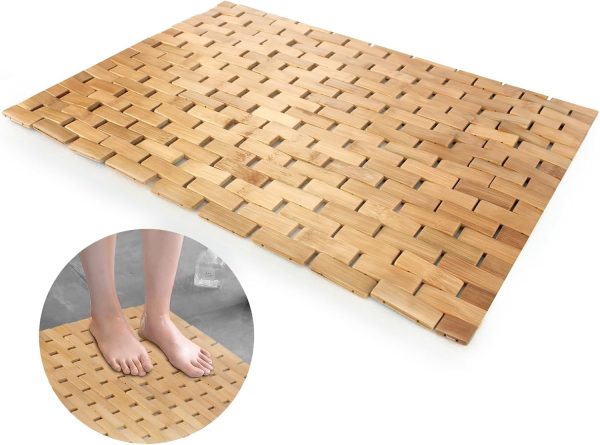 manufacturer direct natural bamboo bath mat, 24 x 16 inches non-slip bamboo shower mat, waterproof foldable small wood bath mat for bathtub, sauna, spa, indoor or outdoor bathroom accessories trade price
