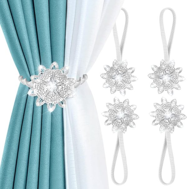 bulk purchase auleep magnetic curtain tiebacks, 4 pack magnetic decorative drapes curtain clips buckle, flower curtain tie back, european and american style (silver) factory discount